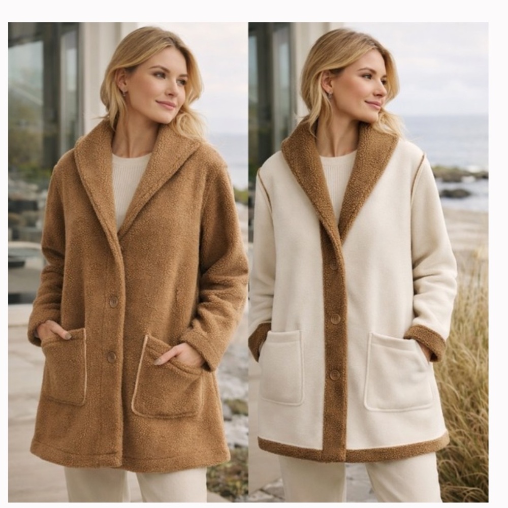 Susan Graver Cozy Tan Reversable Jacket with pockets button down xlg